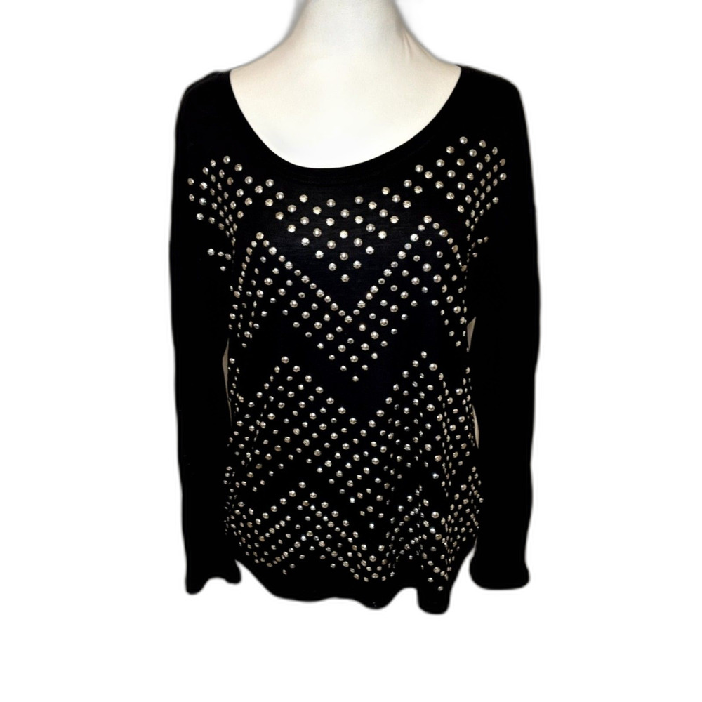 INC International Concepts Studded Scoop Neck Long Sleeve Top Black Womens M